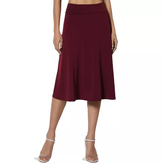 Women's Knee Length A-Line Ruched Flared Skirt with Fold Over Elastic Waist Band