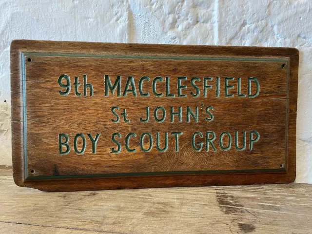 1930’s Carved Oak Plaque Sign Boy Scouts Macclesfield Cheshire Antique Panel