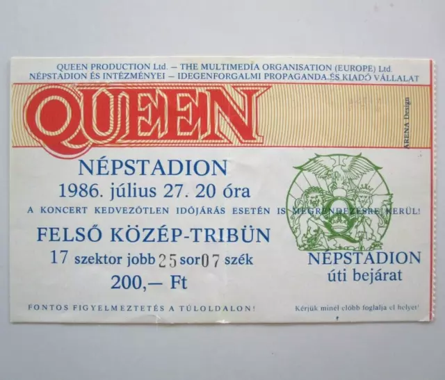 Queen 1986 Nepstadion Budapest Ungarn Eine Art magische Tour Konzert Ticket Stub