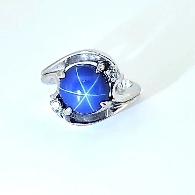 14K White Gold Signed L Linde Star Sapphire Diamond Ring Size 2 #7899