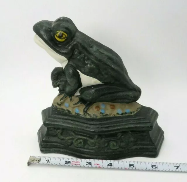 Vintage Upper Deck Cast Iron Frog Door Stop Bookend Greenhouse 7” Green White