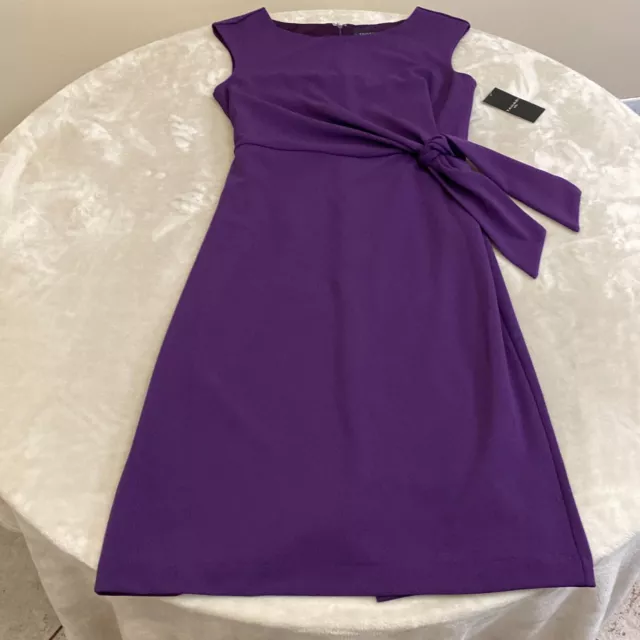 Tahari Womens Purple Stretch Cap Sleeve Round Neck Side Tie Sheath Dress Size 4