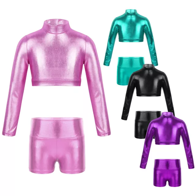 Girls Outfit Exercise Dance Leotard 2 Pieces Tracksuit Shorts Dancewear Suit