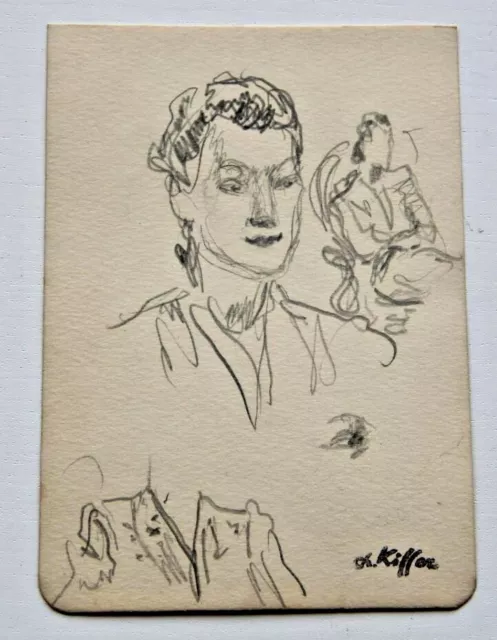 Dessin Charles Kiffer (1902-1992) Beau portrait au salon de thé Paris env 1950