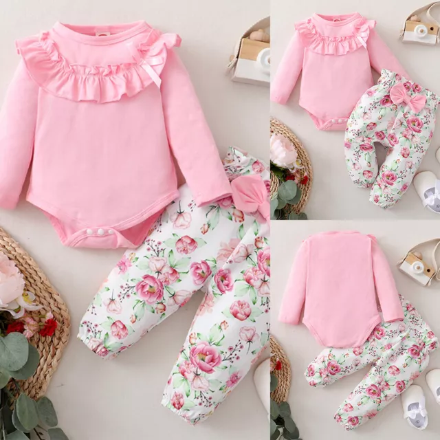Newborn Baby Girl Ruffle Romper Tops+Floral Pants Set Long Sleeve Outfit Clothes