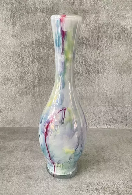 Vintage art-glass vase hand-blown 10" tall, white & multicolour decorative, rare