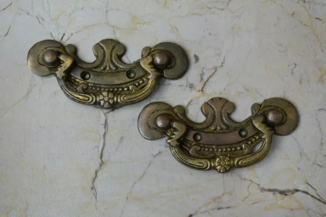 Vtg Victorian Cast Brass Door Cabinet handle Floral drop Gate pull Handle 2pcs