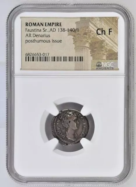 Roman Empire Faustina Sr AD 138-140/1 AR Denarius posthumous issue NGC Ch F *017