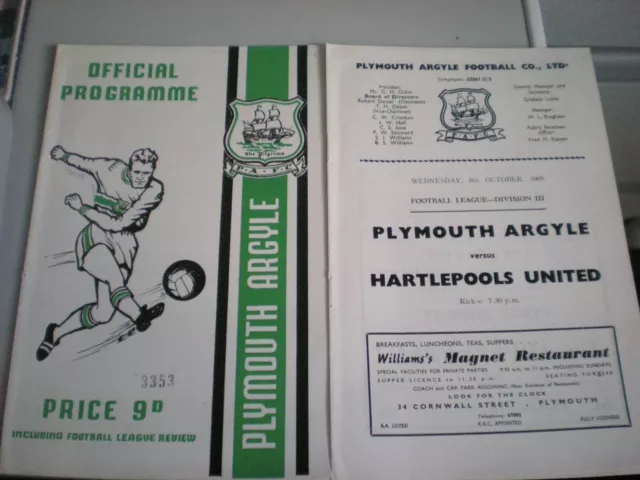 Plymouth Argyle v Hartlepool United 9th October 1968 Football Programme, VGC.