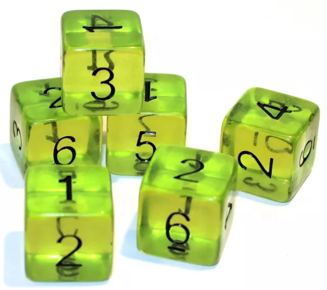 New Set of 6 Numbered D6 Six Sided Standard 16mm Dice - Translucent Yellow