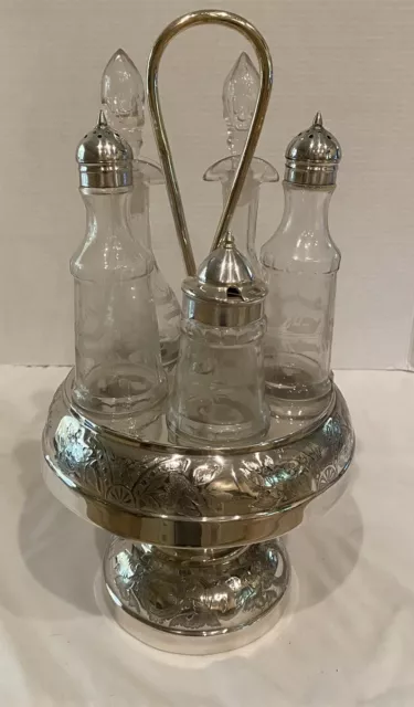 Vintage Anchor Silver Plate Co Condiment Caddy 5 Etched Glass Bottle Set Cruet