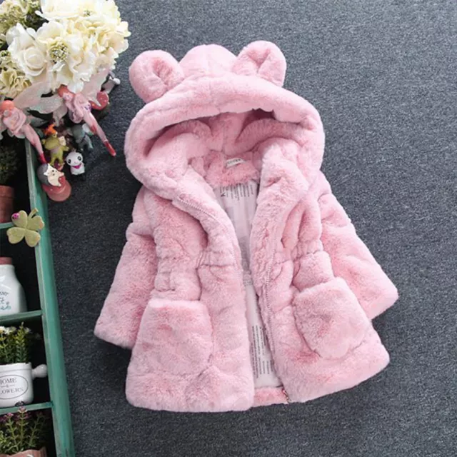 New Girls Faux Fur Thick Teddy Bear Coat Kids Winter Warm Hooded Jacket Outwear