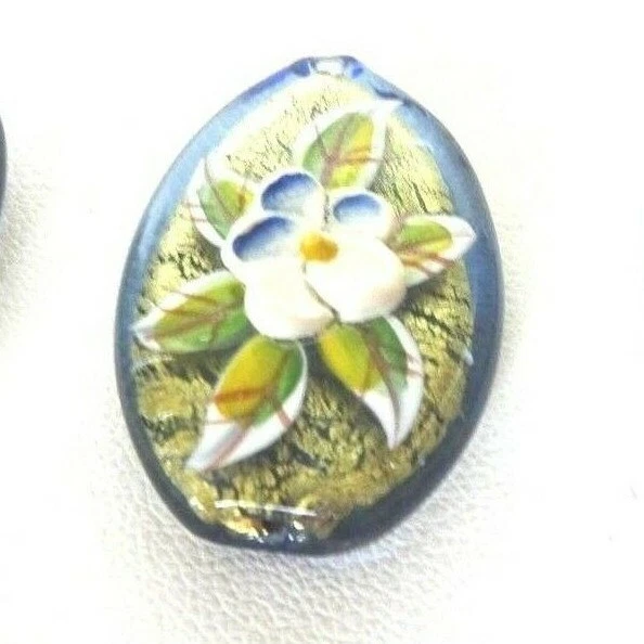 Murano Lampwork Tear Drop Glass Beads Foil Hunter Green w/ Raised Flower Design