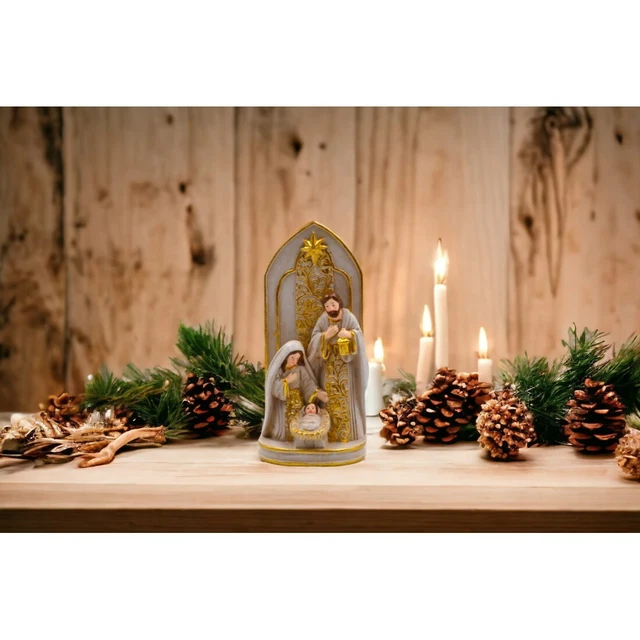 Statuina Presepe Sacra Famiglia In Resina, Decorazione Natalizia Per Tavolo O Mensola