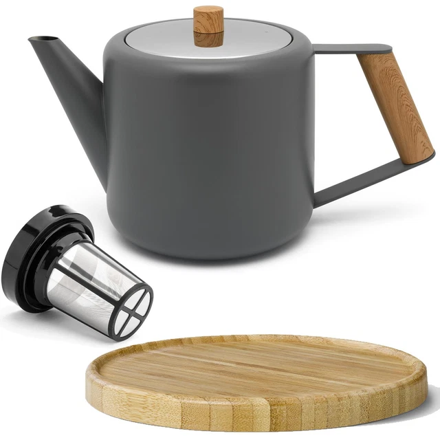 doppelwandige graue Edelstahl Teekanne 1.1 L & Holzuntersetzer braun Teefilter