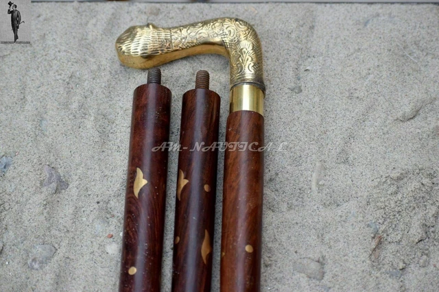 Canne De Marche Ancienne En Bois Avec Pommeau Tête De Loup En Aluminium - Réglable, Pliable, Charge 220 Lbs - Idée Cadeau