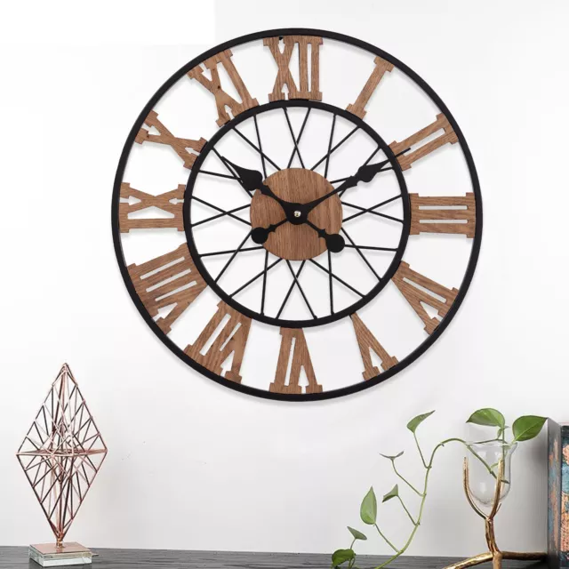 Big Garden Wall Clock Roman Numerals Skeleton Metal Large Outdoor Black Gold