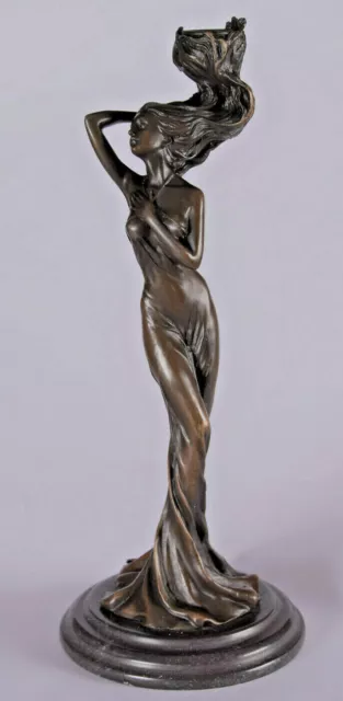 Escultura de Bronce Soporte Candelabro Candelero Vela Mármol Figura Femenina