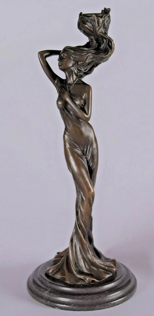Escultura de Bronce Soporte Candelabro Candelero Vela Mármol Figura Femenina