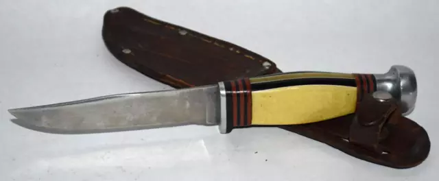 Kinfolks Yellow Fixed Blade Hunting Knife w Leather Sheath - Flat Side Scales