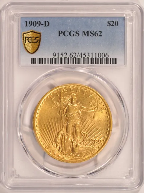 1909-D $20 Saint Gaudens Gold Double Eagle PCGS MS62 Pre-1933 Gold