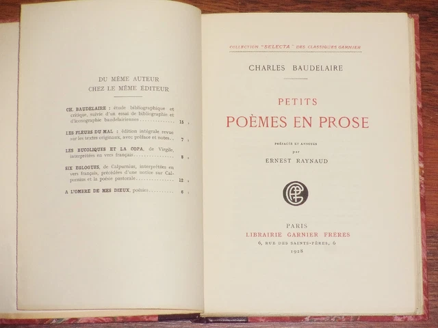 CHARLES BAUDELAIRE PETITS POEMES EN PROSE 1928 Garnier Selecta numéroté