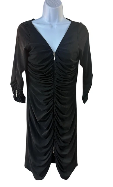 Cache Black Ruched Bodycon Dress 3/4 Sleeves Full Zip Y2K Cocktail Sexy Sz L Cache Black Ruched Bodycon Dress 3/4 Sleeves Full Zip Y2K Cocktail Sexy Sz L