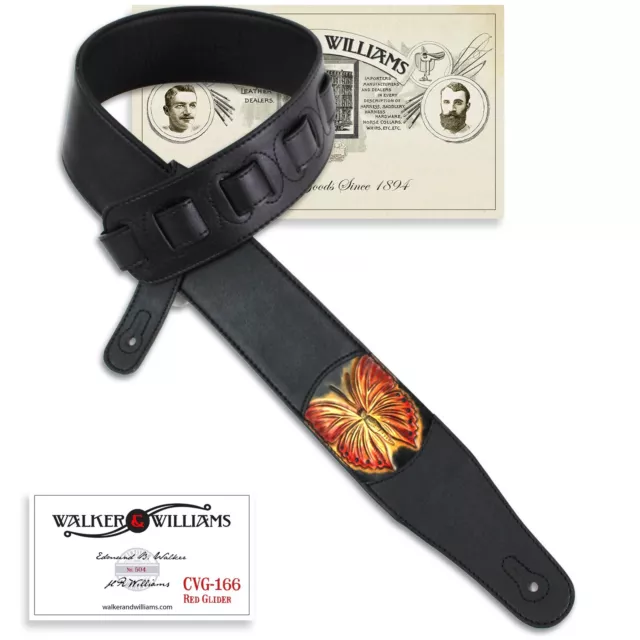Walker & Williams CVG-166 Black Padded Guitar Strap Carved Red Butterfly Design