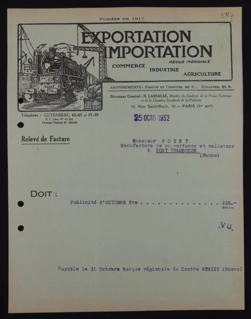 Facture PARIS 1932 Revue Exportation Importation Train locomotive billhead 22