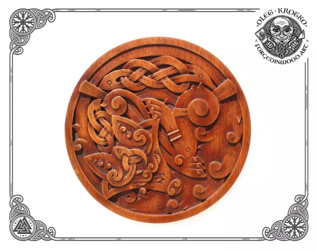 Odin with Ravens and Wolves Replica Wood Carving Viking Decor Oak Pendant  Wall Hanging Norse Vikings Wall Woodwork Viking Carving
