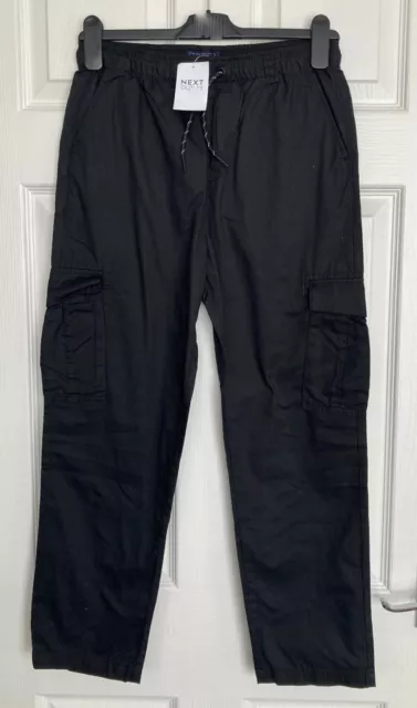 NEW NEXT Boys Black Pull On Drawstring Cargo Trousers Sizes 5, 12 & 13 Years