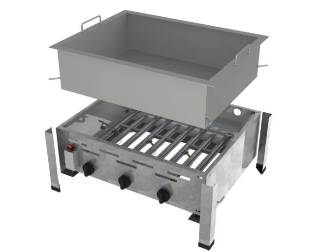 Edelstahl Gastrobräter + tiefe 15 cm Pfanne Gasbräter Gas Grill 3 flammig Propan 2