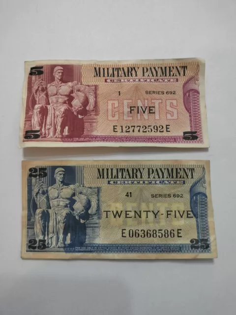 Military Payment Certificates Series 692 / 25 CENTS & 5 CENTS Old MPC Currency !