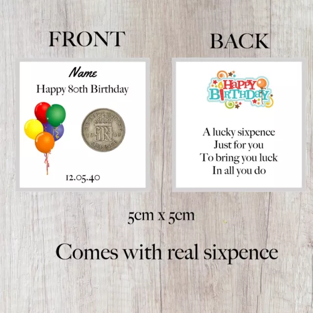 Personalised Lucky Sixpence 80th Birthday Token - Gift - Balloon Design 1944