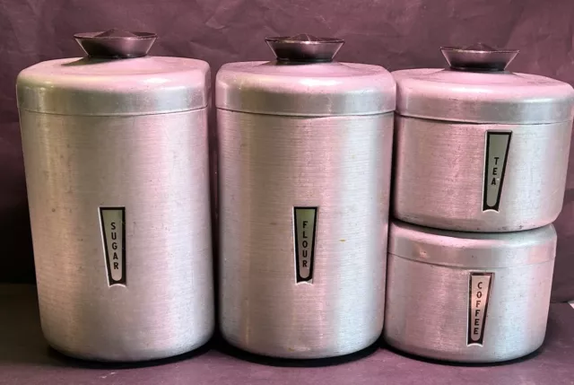 Vintage Set of 4 1950s Kromex Aluminum Mid Century  Canisters w lids stacking