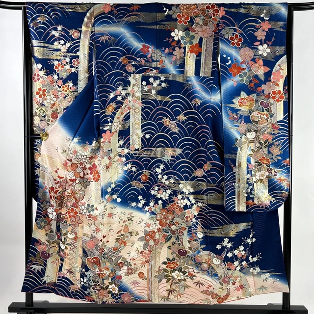 Japanese Silk Kimono Vintage Furisode Gold Gorgeous Blue Branch Plum Silver 60in