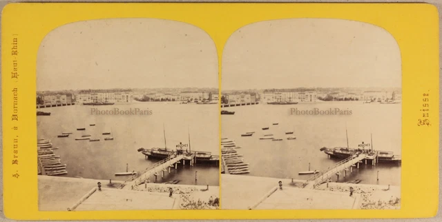 Schweiz Genène Débarcadère c1865 Foto Adolphe Braun Stereo Vintage Albumin