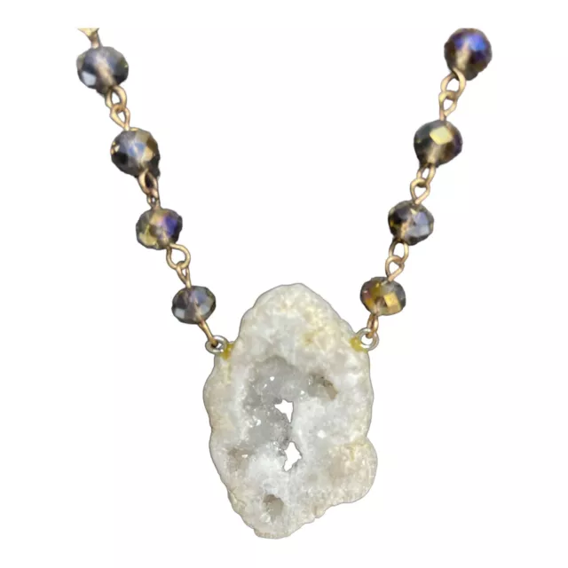White Geode Druzy Quartz Crystal Slice Necklace Beads Stone Pendant 17" Drop NWT