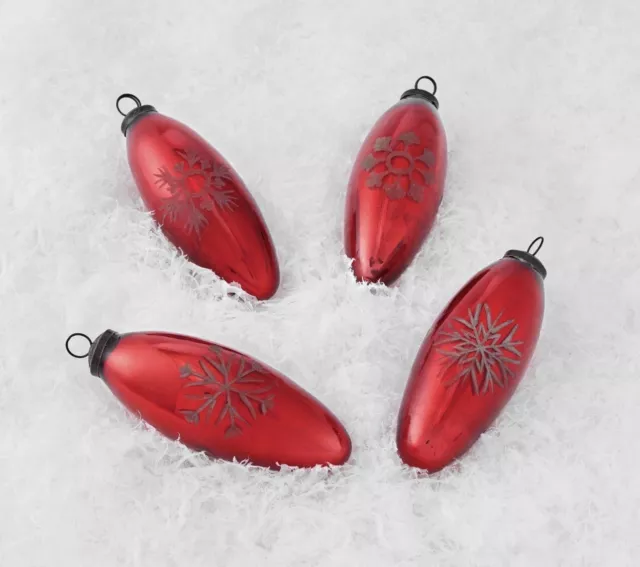 Pottery Barn Red Etched Mercury Glass Bulb Ornaments - Set of 4 New