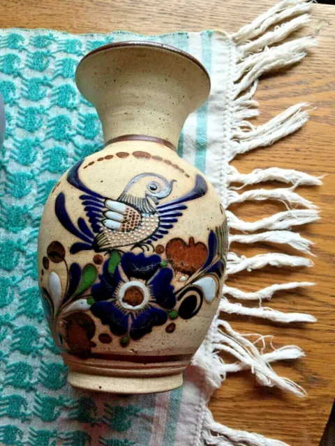 Happy Bird Motif Mexican Art Pottery Vase