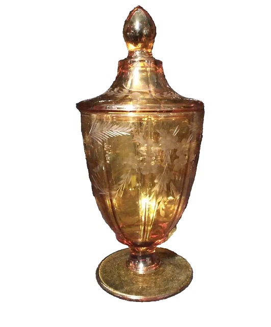 AMBER GLASS FOOTED Candy Dish Floral Etched Urn w/ Lid Vintage 8.5”H