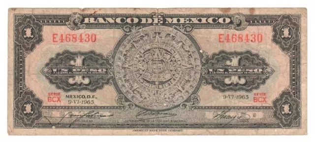 Mexico 1965 1 Peso Note P-59i - Grades as VG series BCX s/n E468430