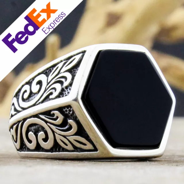 Onyx Stone 925 Sterling Silver Turkish Handmade Luxury Men's Ring All Sizes