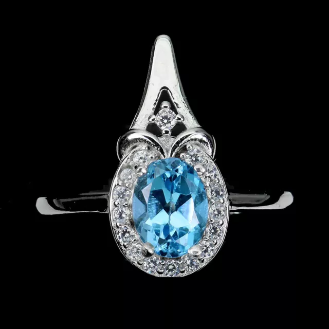 Irradiated Oval Swiss Blue Topaz 9x7mm Simulated Cz 925 Sterling Silver Ring 7.5