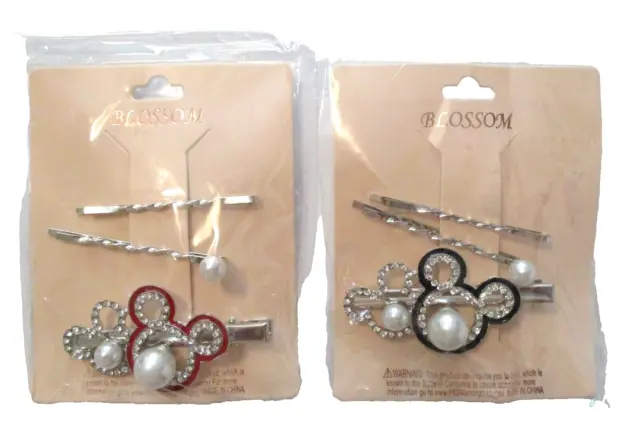 Mickey Mouse Hair Clips Bobby Pins Silver Tone Pearl Red Black Set of 2