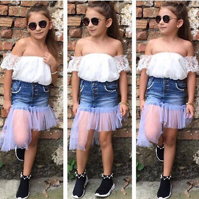 Girls Kids Summer Lace Off Shoulder Crop Top and Denim Skirt Set TUTU Skirt