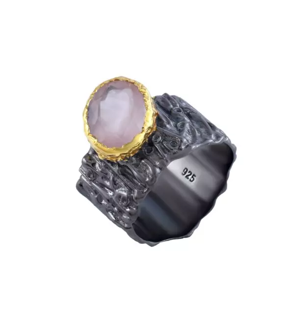 Bague en quartz rose en argent sterling 925 avec rhodium noir, bijoux faits...