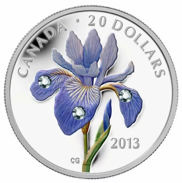 1 Oz Silver Coin 2013 $20 Canada Blue Flag Iris veriscolor Swarovski Dew Drops