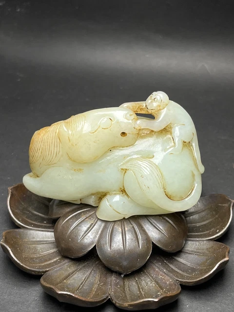 Chinese Exquisite Handmade Monkey Horse carving Hetian Jade Statue