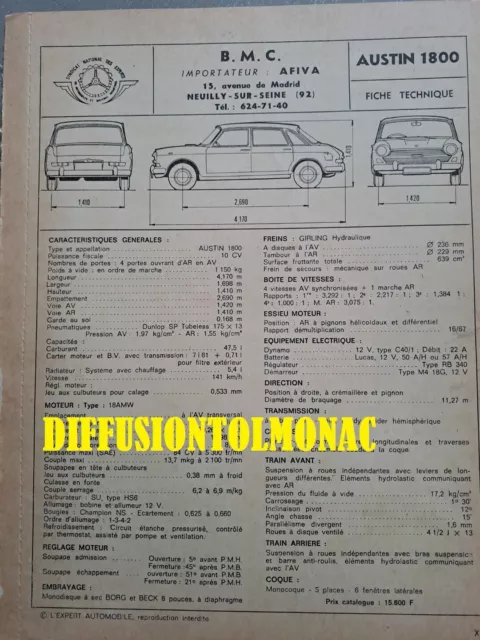 Fiche technique automobile RTA AUSTIN 1800 BMC